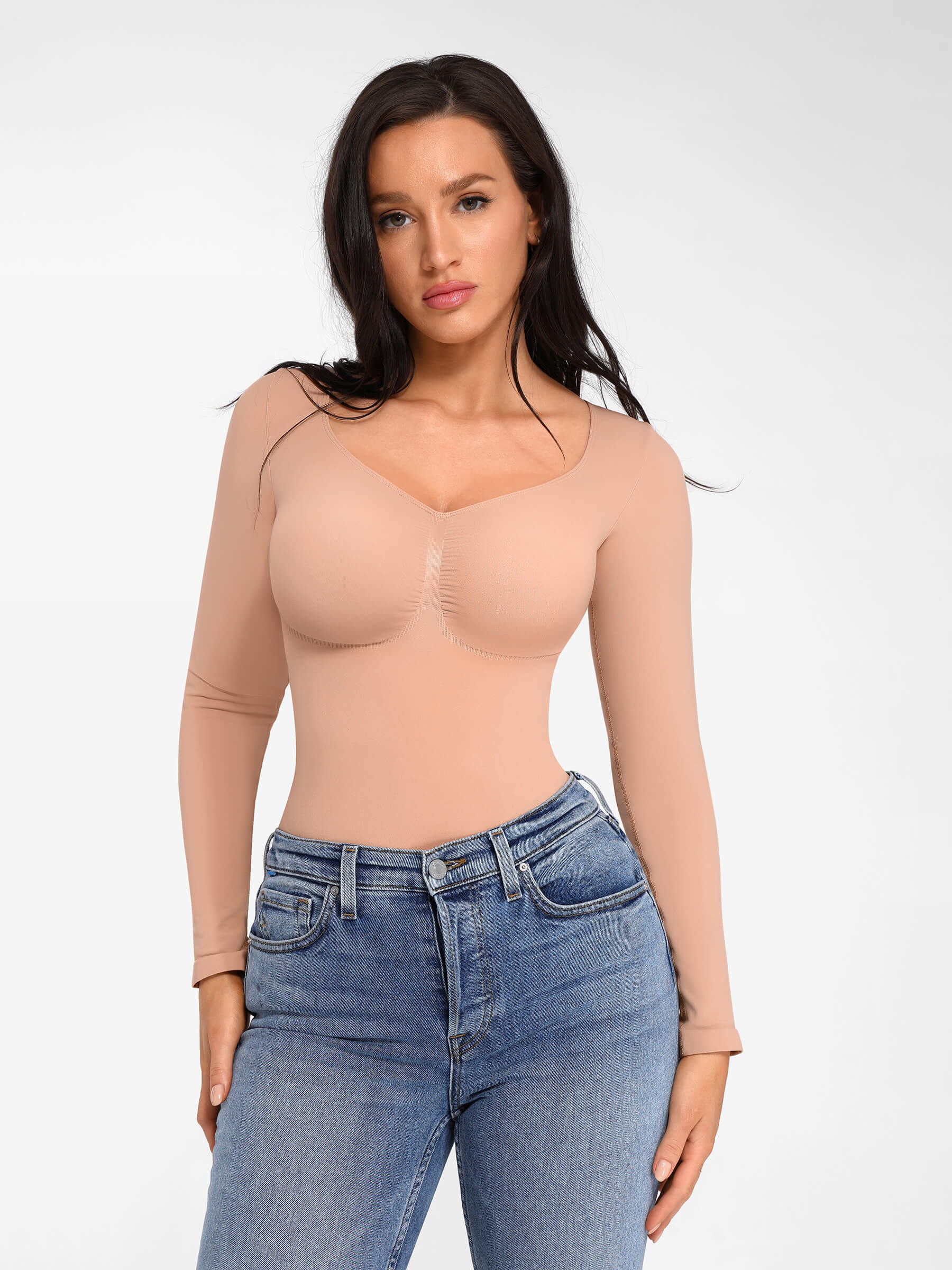 Shapevive Seamless Long Sleeve Chest Support Tummy Control Thong Bodysuit