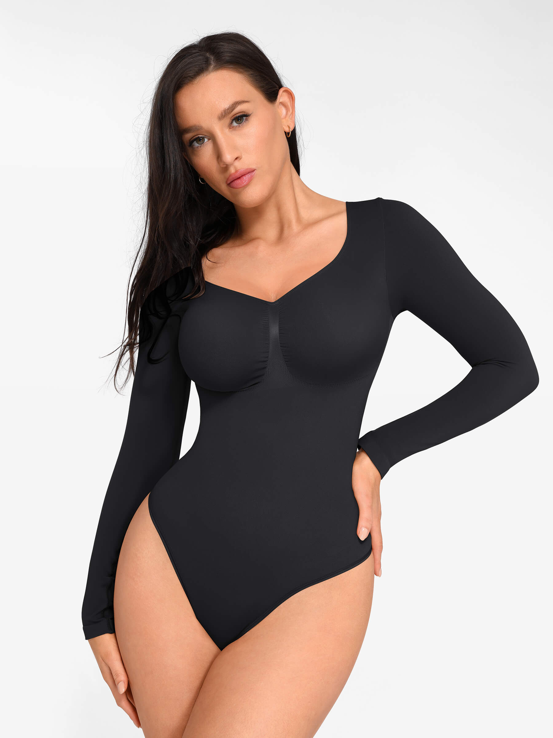 Shapevive Seamless Long Sleeve Chest Support Tummy Control Thong Bodysuit