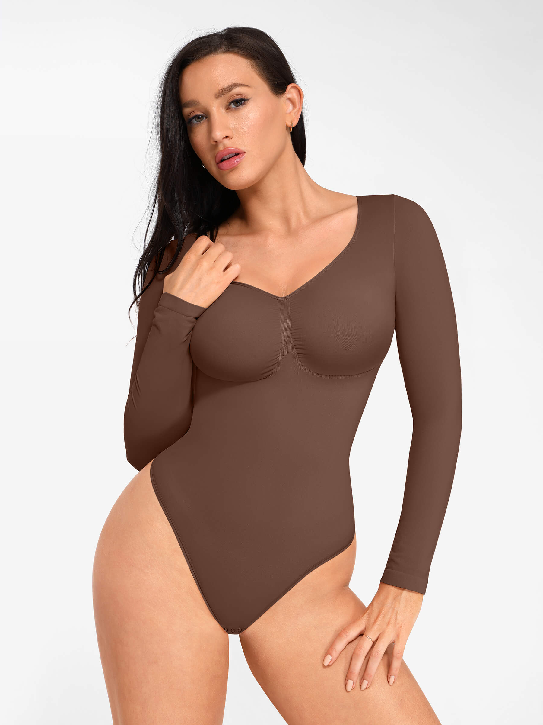 Shapevive Seamless Long Sleeve Chest Support Tummy Control Thong Bodysuit