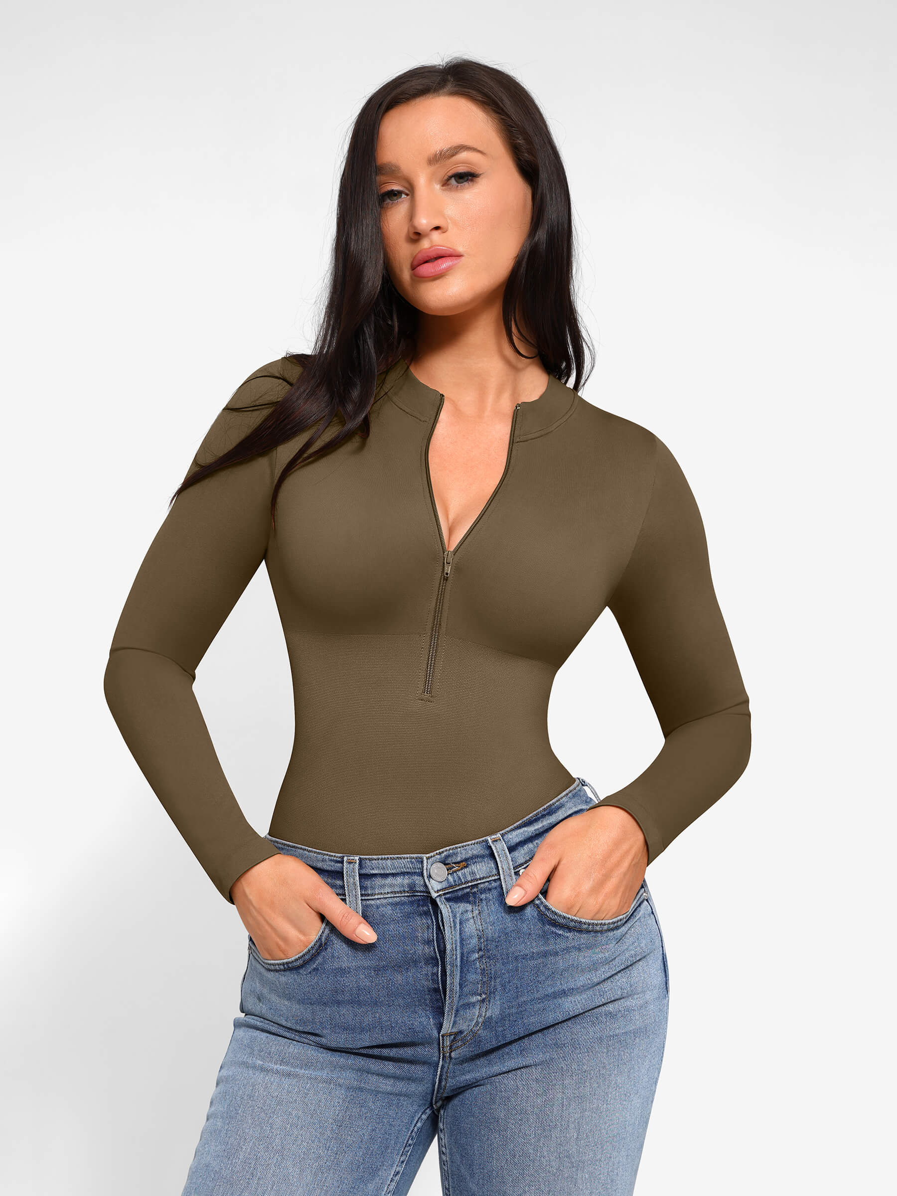 Shapevive Seamless Long Sleeve Zipper Thong Bodysuit