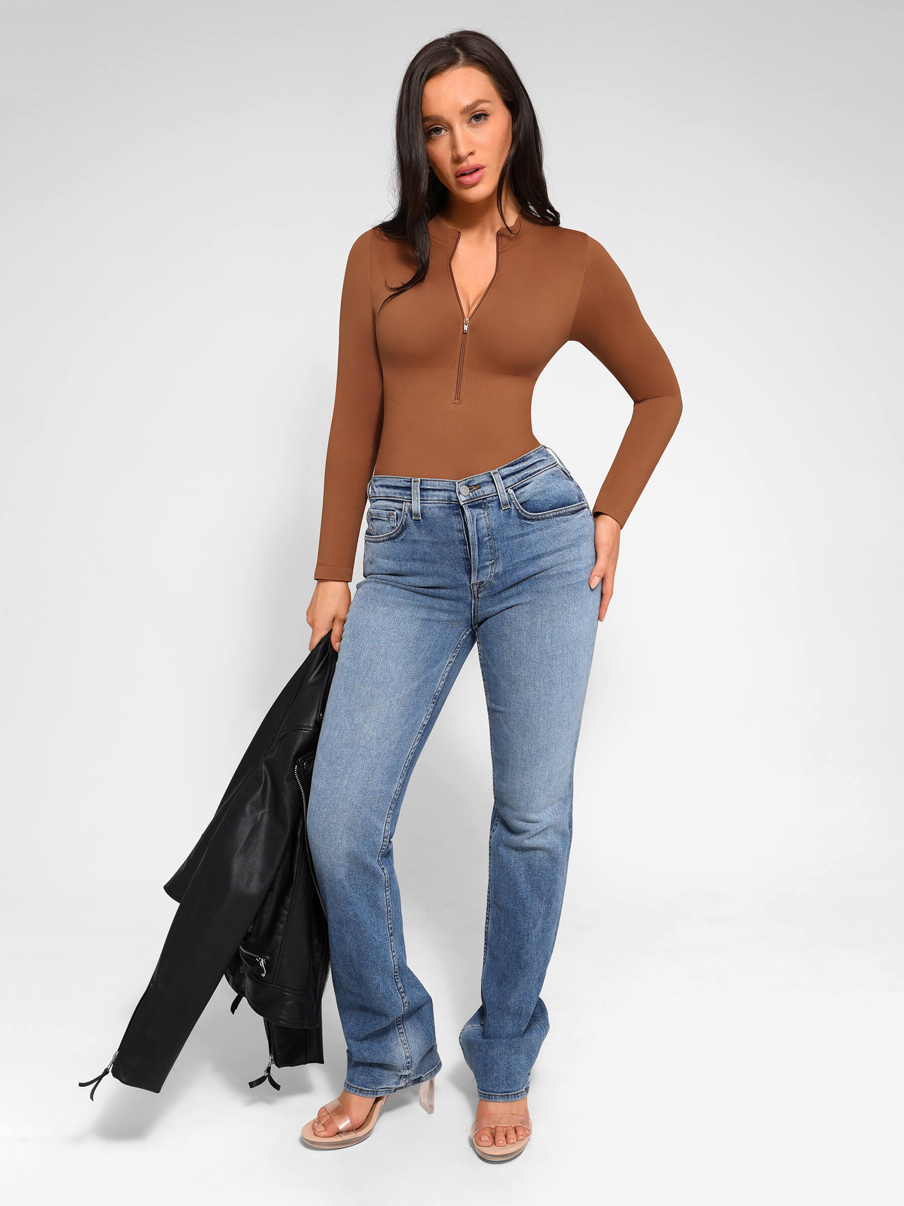 Shapevive Seamless Long Sleeve Zipper Thong Bodysuit