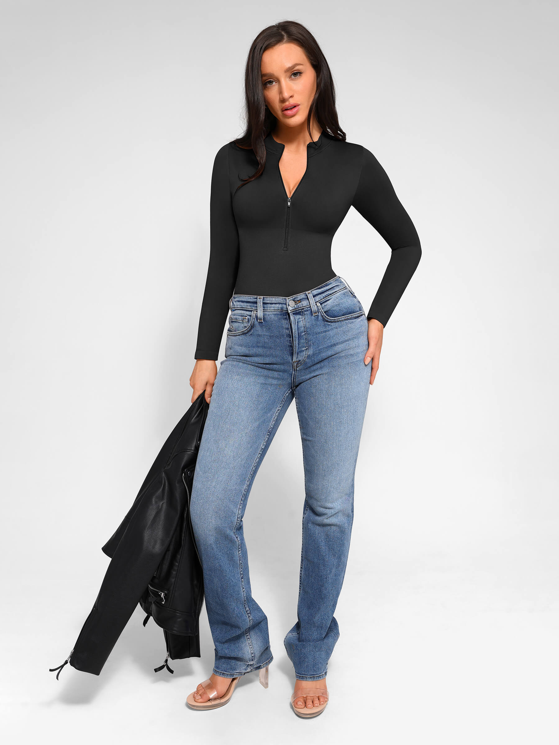 Shapevive Seamless Long Sleeve Zipper Thong Bodysuit