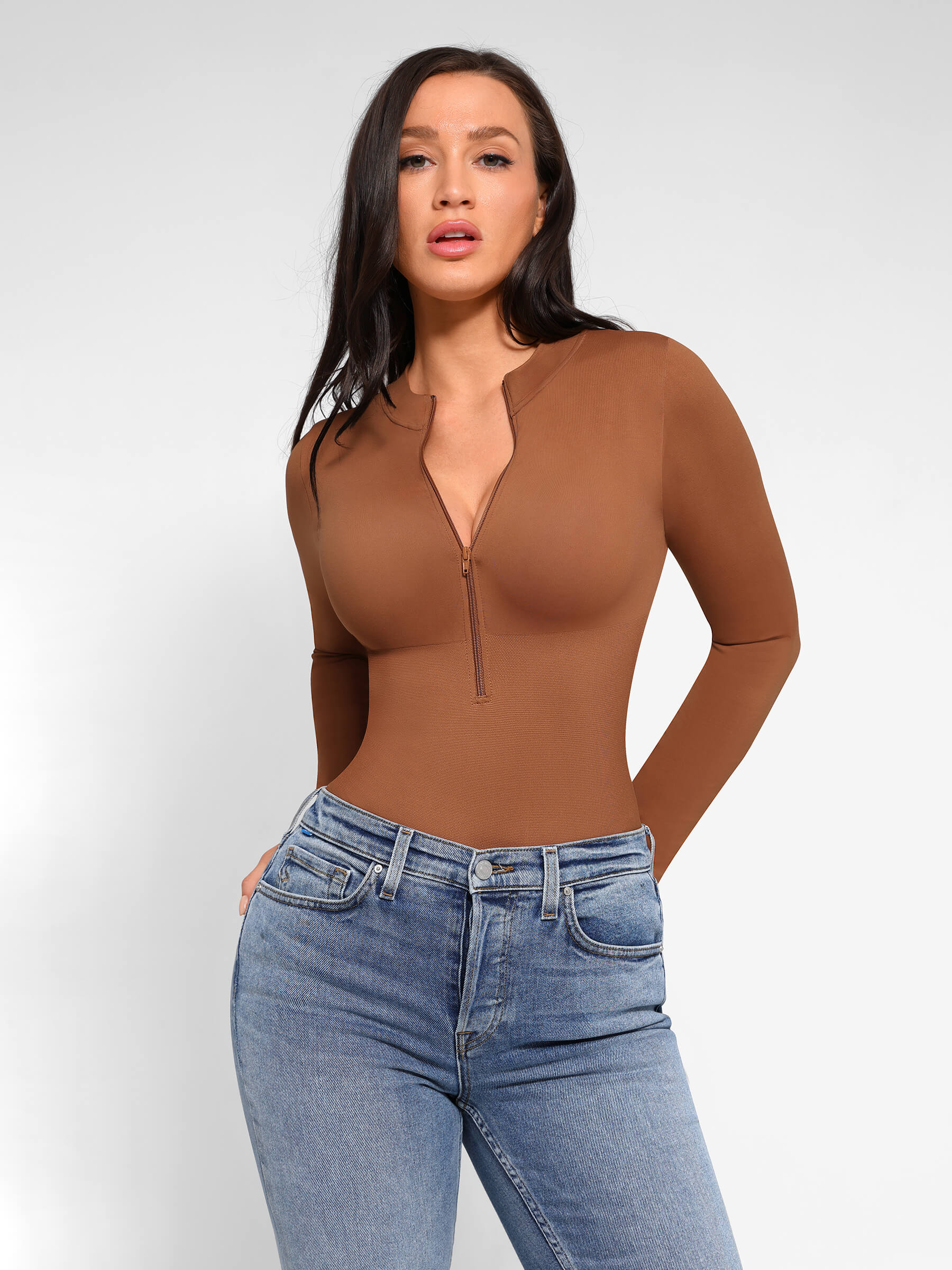 Shapevive Seamless Long Sleeve Zipper Thong Bodysuit