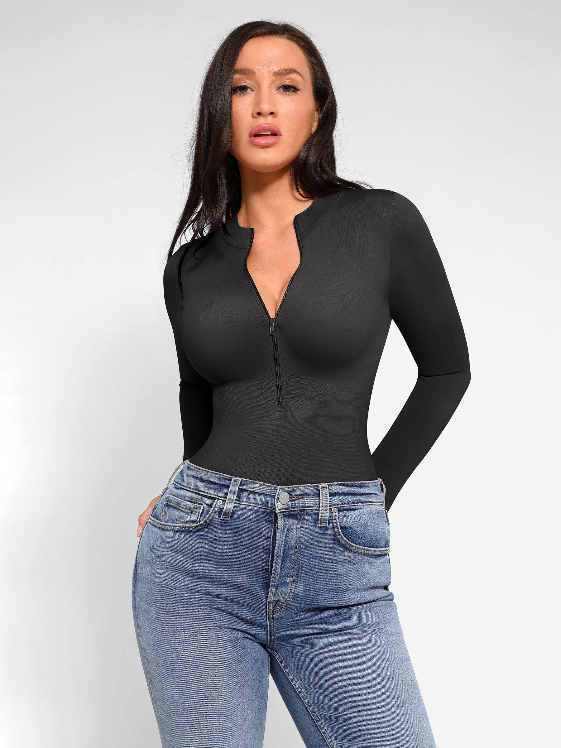 Shapevive Seamless Long Sleeve Zipper Thong Bodysuit