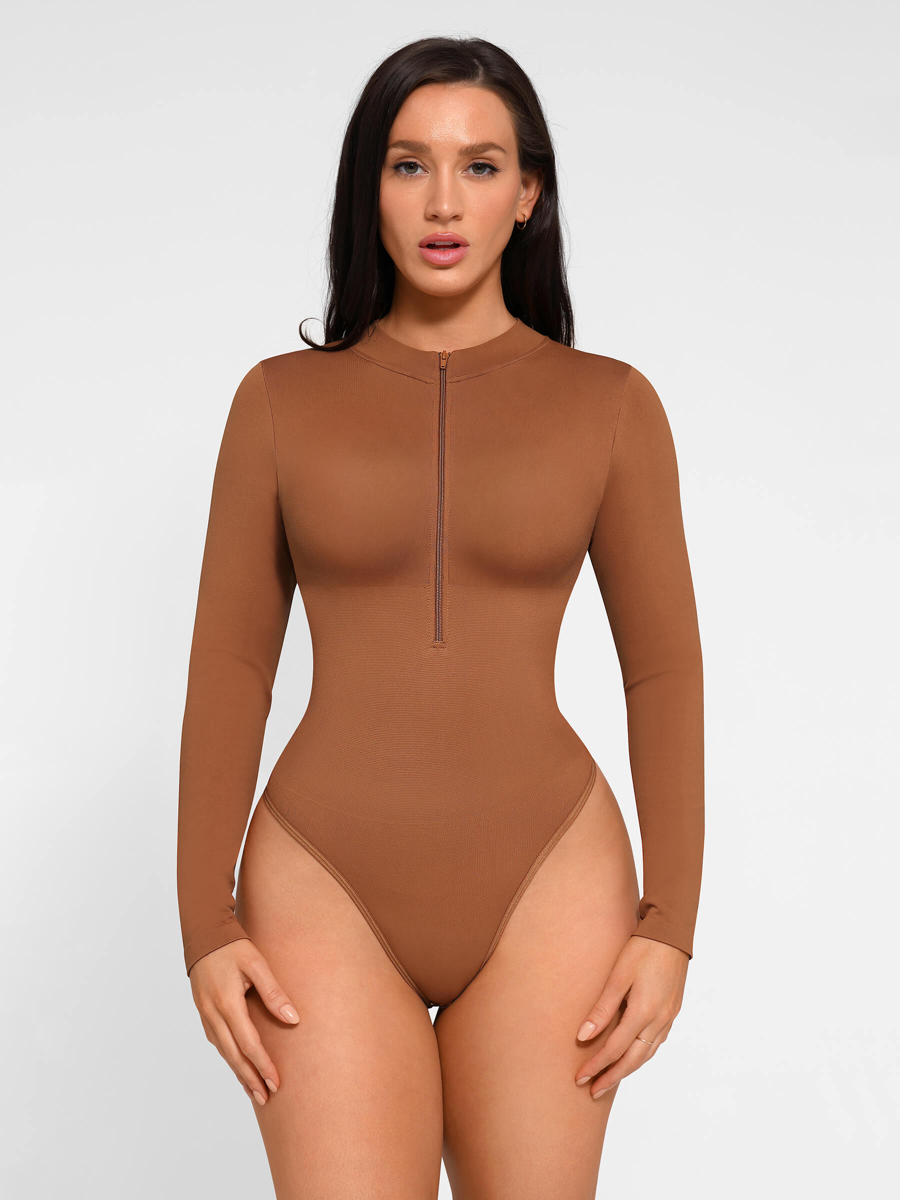Shapevive Seamless Long Sleeve Zipper Thong Bodysuit