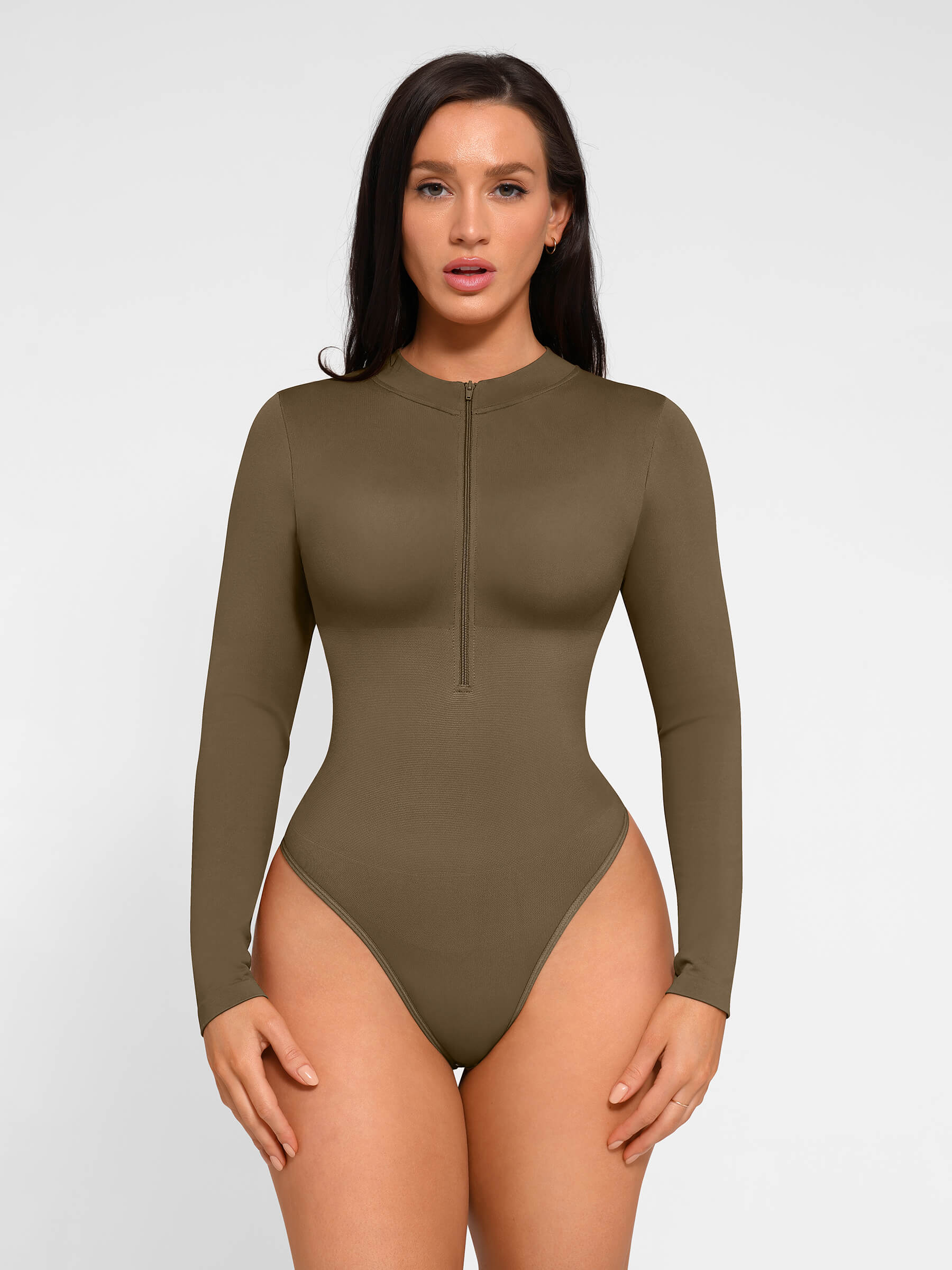 Shapevive Seamless Long Sleeve Zipper Thong Bodysuit