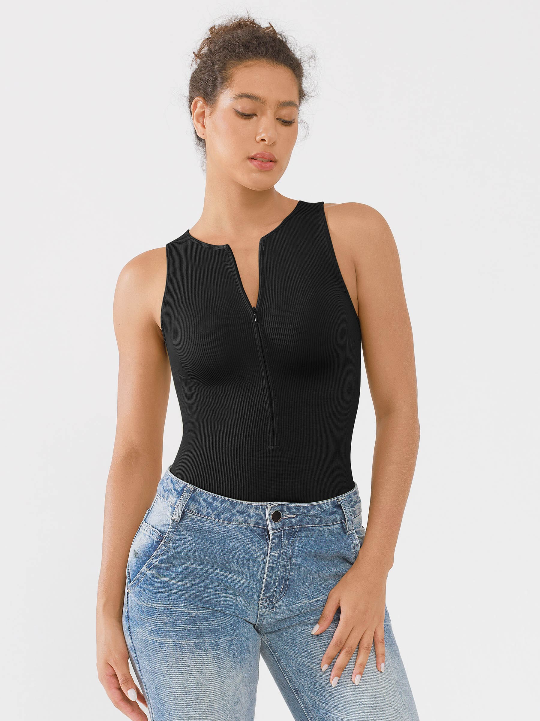 Shapevive Ribbed Seamless Bodysuit with Crew Neck and Invisible Zip