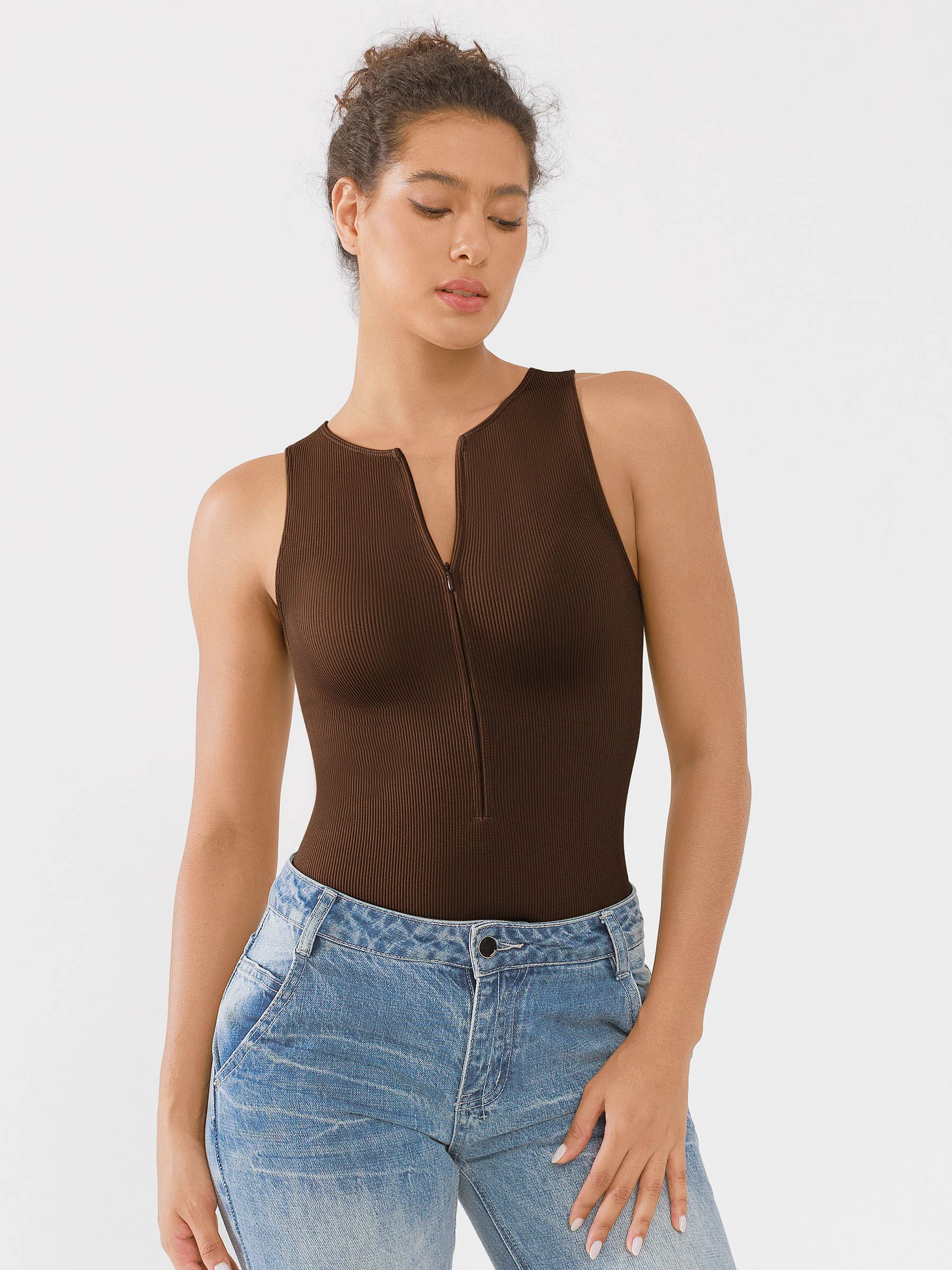 Shapevive Ribbed Seamless Bodysuit with Crew Neck and Invisible Zip
