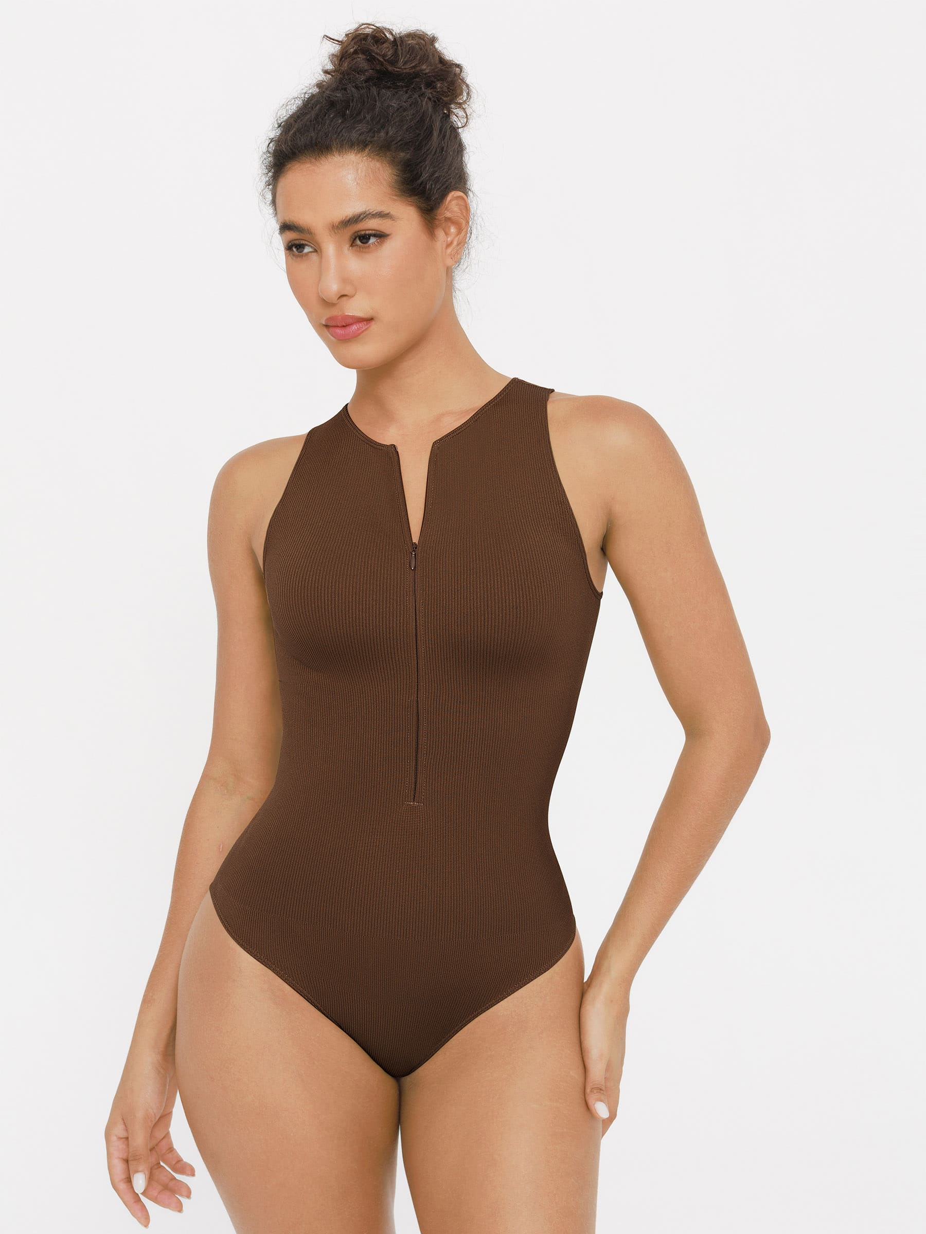 Shapevive Ribbed Seamless Bodysuit with Crew Neck and Invisible Zip