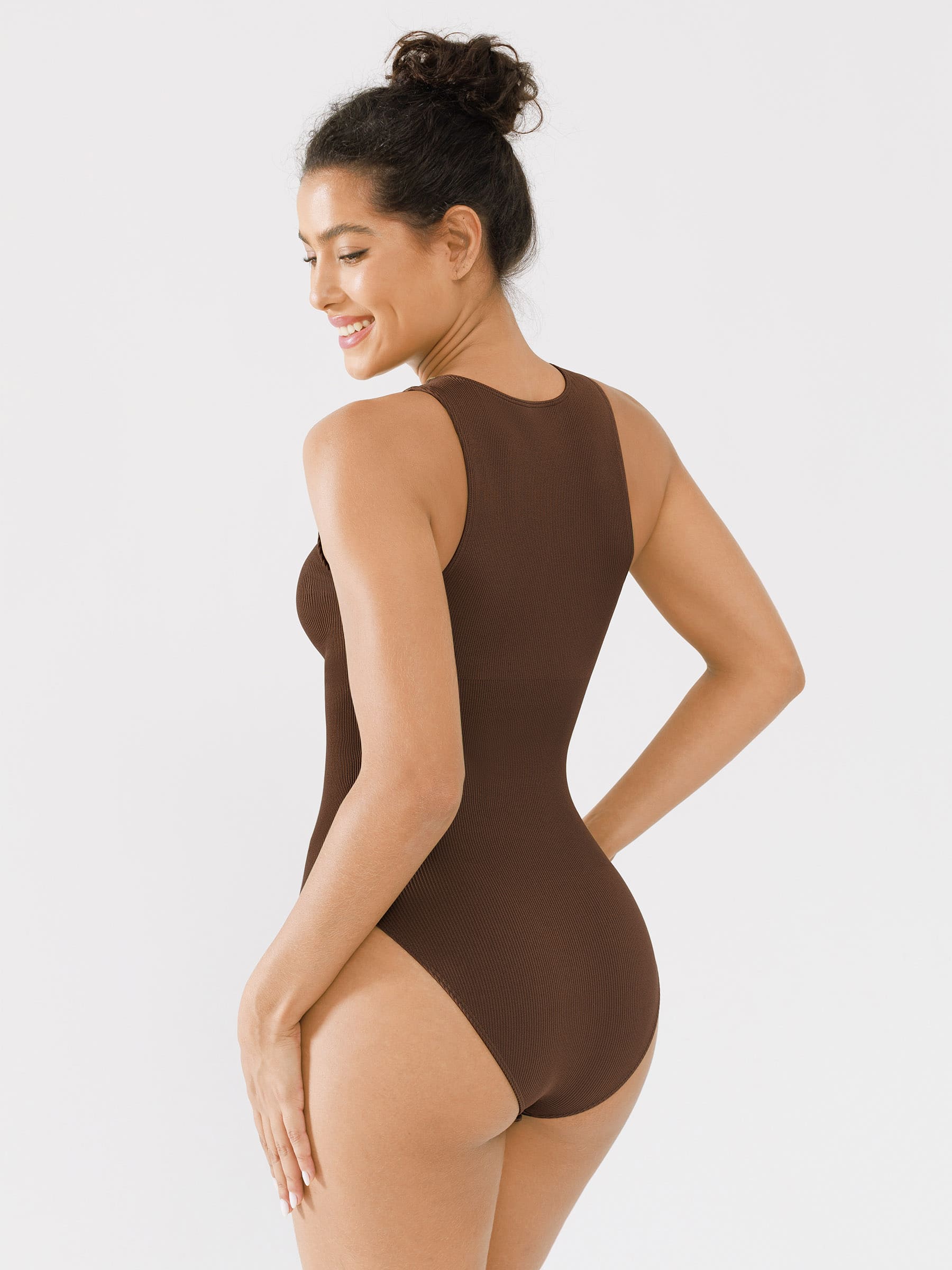 Shapevive Ribbed Seamless Bodysuit with Crew Neck and Invisible Zip