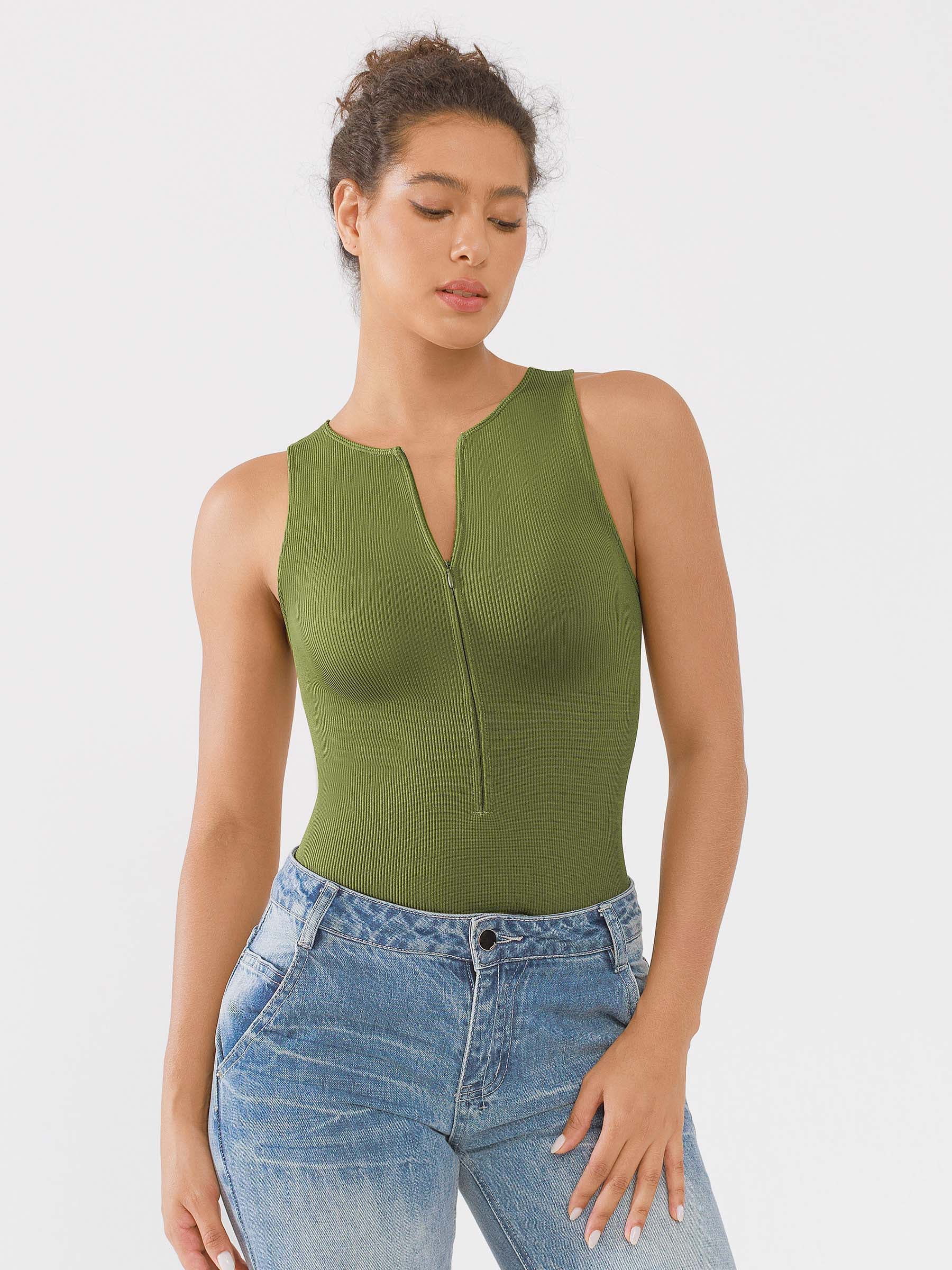 Shapevive Ribbed Seamless Bodysuit with Crew Neck and Invisible Zip