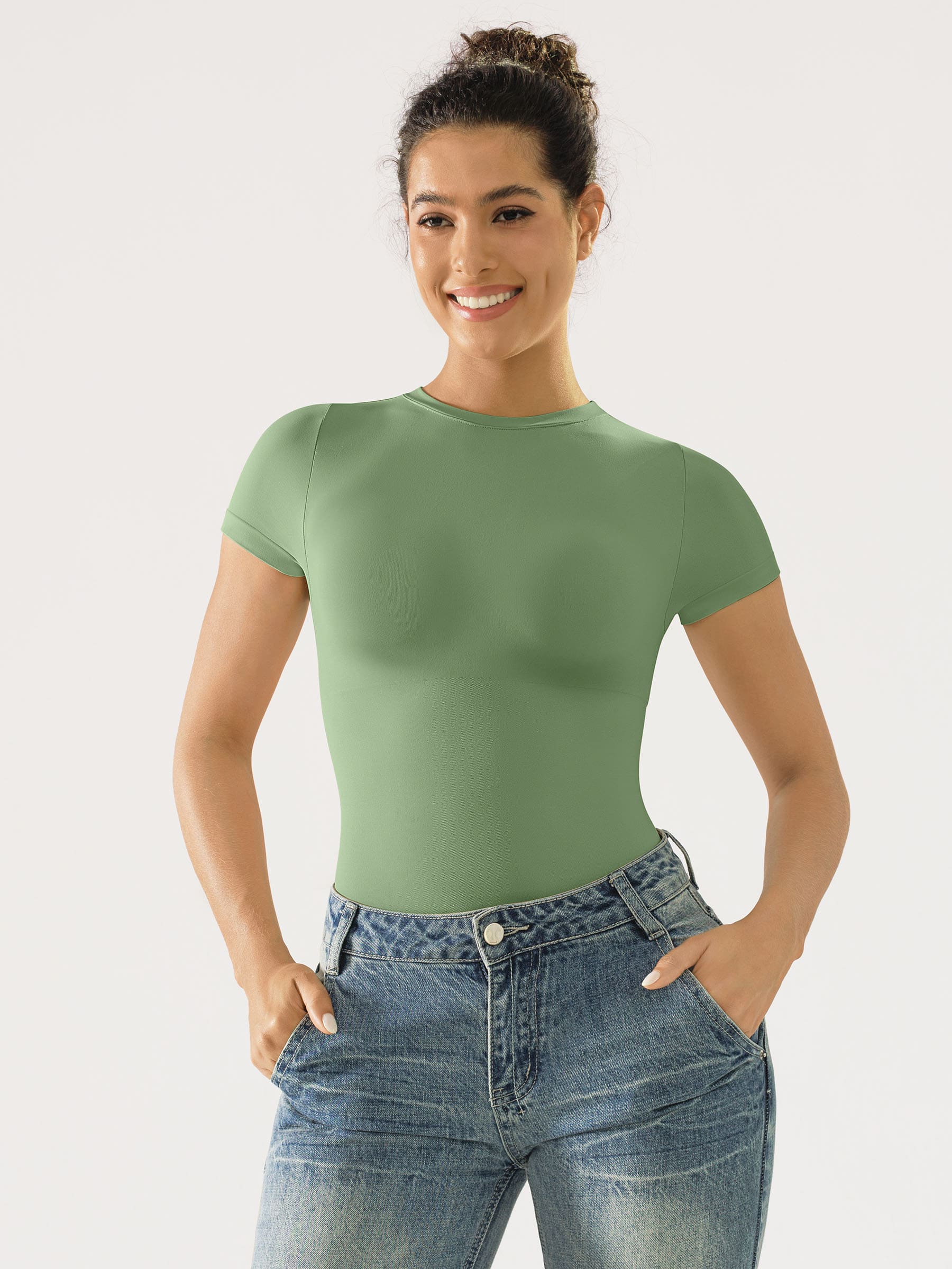 Shapevive Seamless Bodysuit Smooth Soft Fabric Crew Neck Short Sleeve