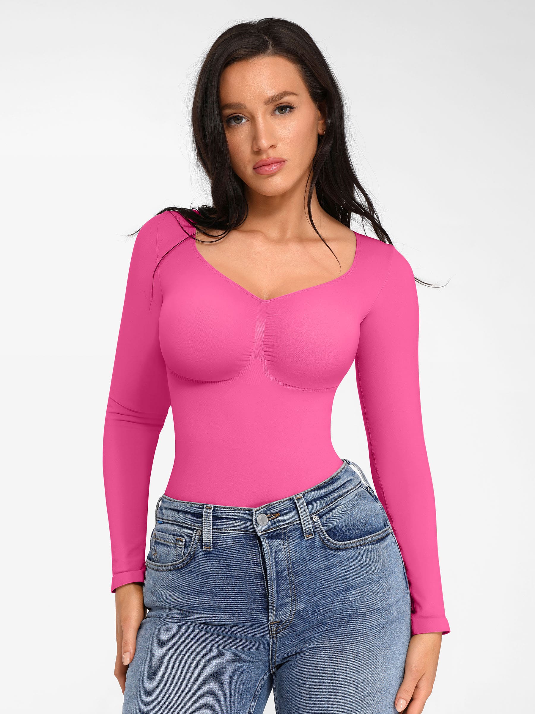 Shapevive Seamless Long Sleeve Chest Support Tummy Control Thong Bodysuit