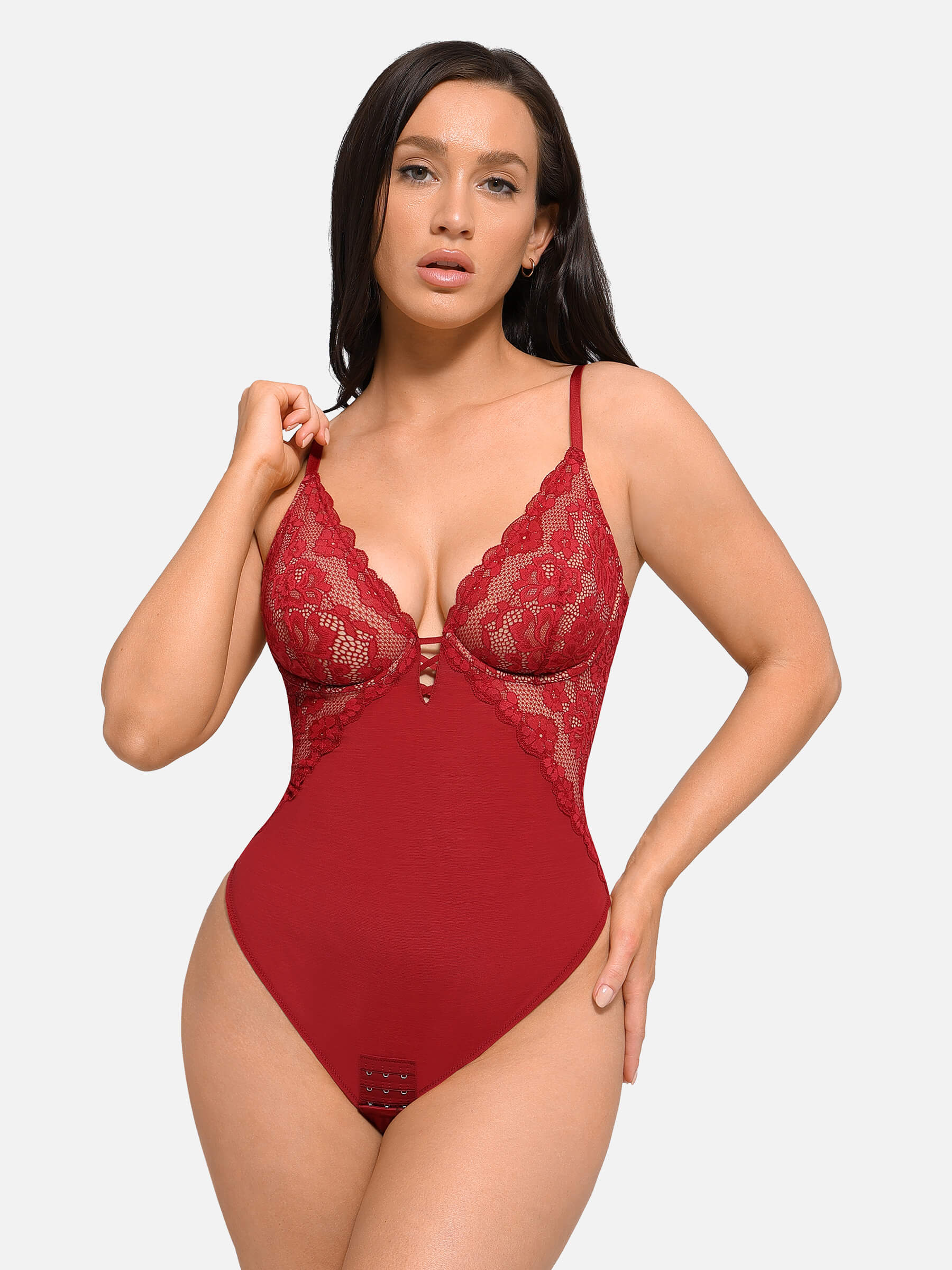 Shapevive V Neck Elegant Lace Sculpting Thongs Bodysuit