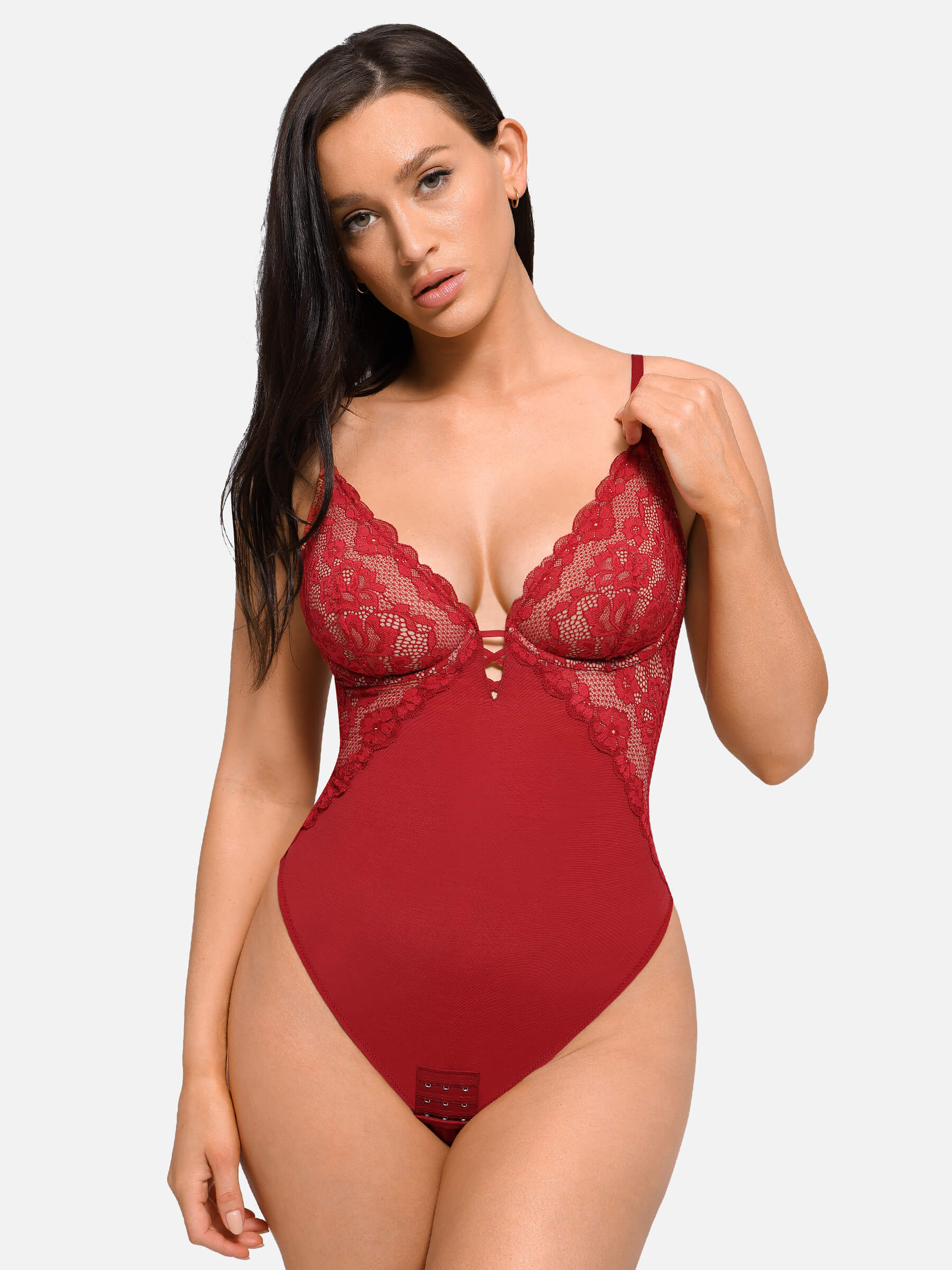 Shapevive V Neck Elegant Lace Sculpting Thongs Bodysuit