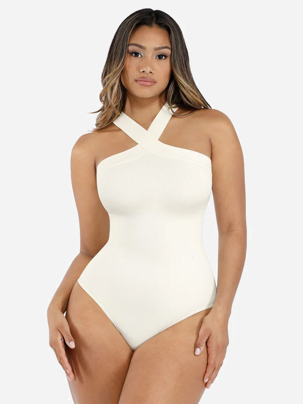 Shapevive Seamless Crossover Halter Thong Bodysuit Shapewear for Everyday Wear
