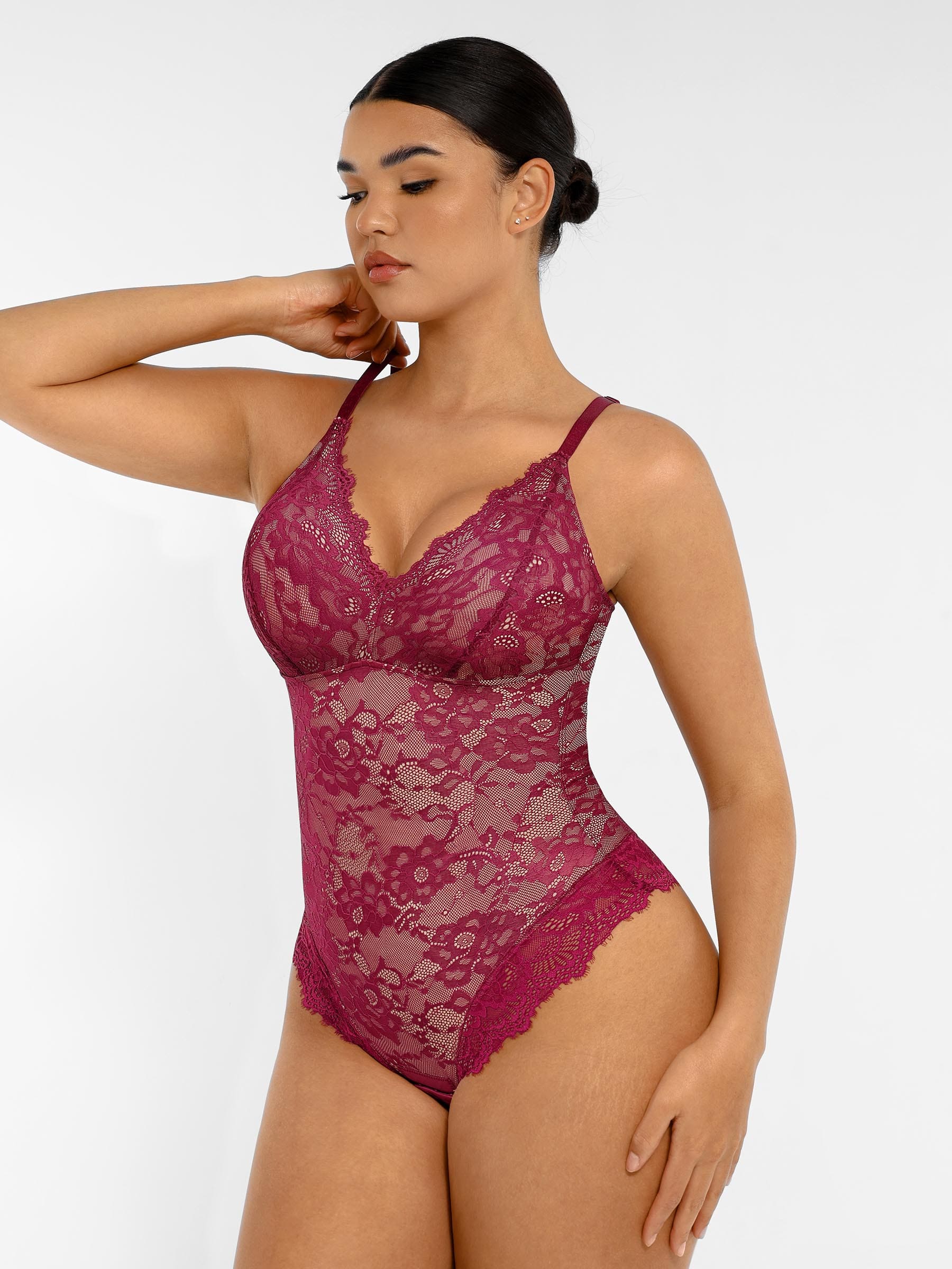 Shapevive Lace V Neck Full Thong Bodysuit