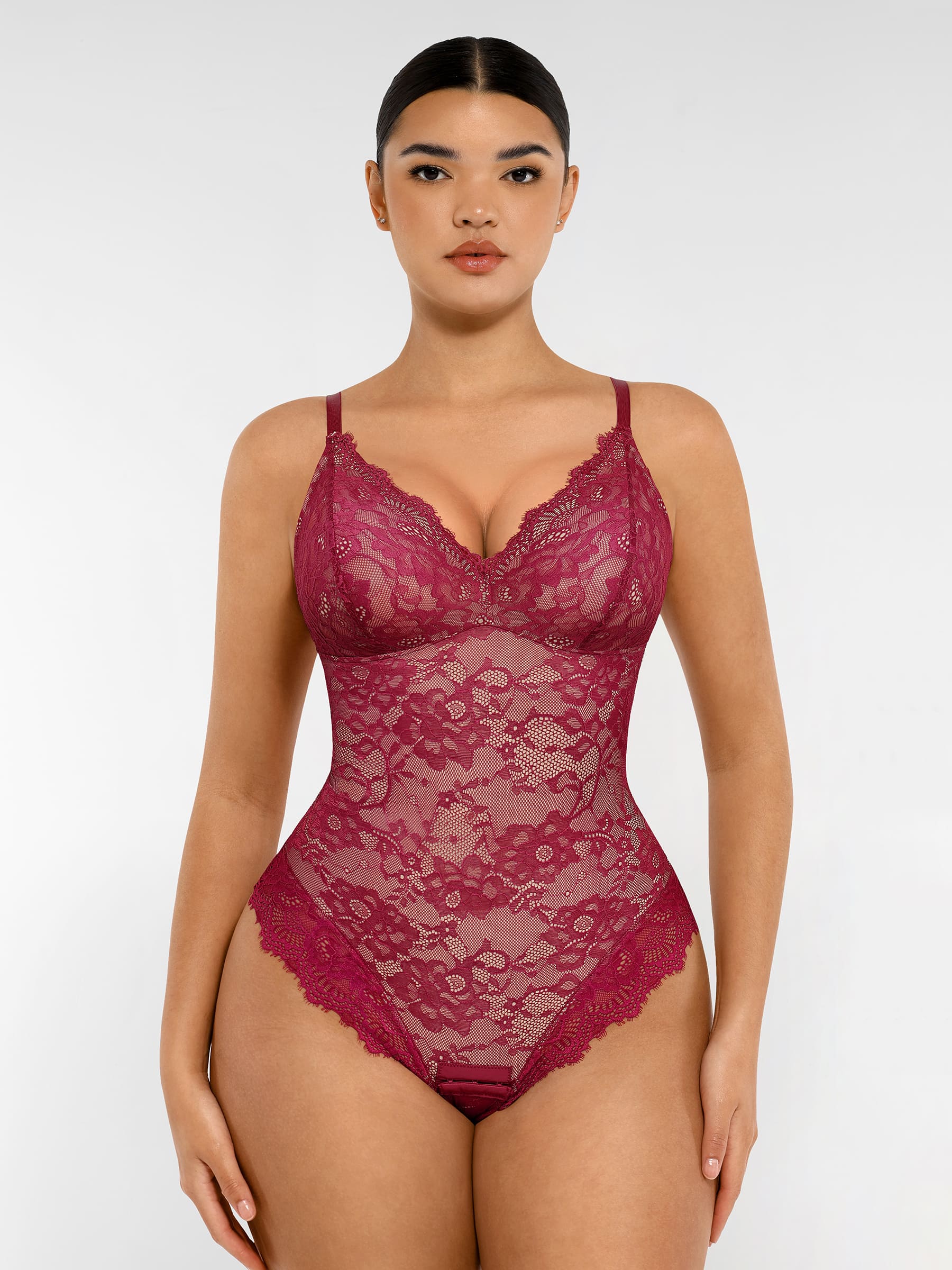 Shapevive Lace V Neck Full Thong Bodysuit