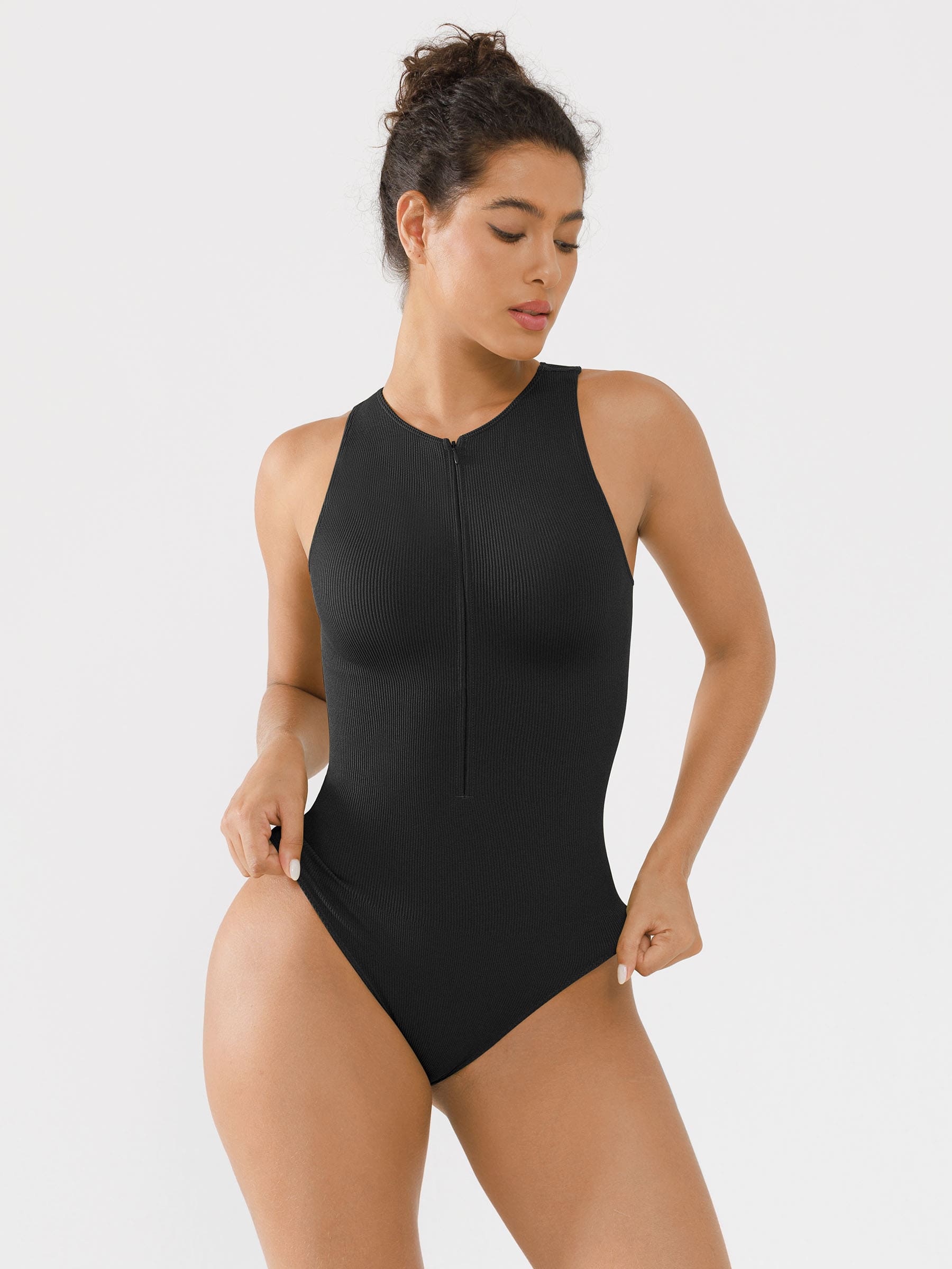 Shapevive Ribbed Seamless Bodysuit with Crew Neck and Invisible Zip