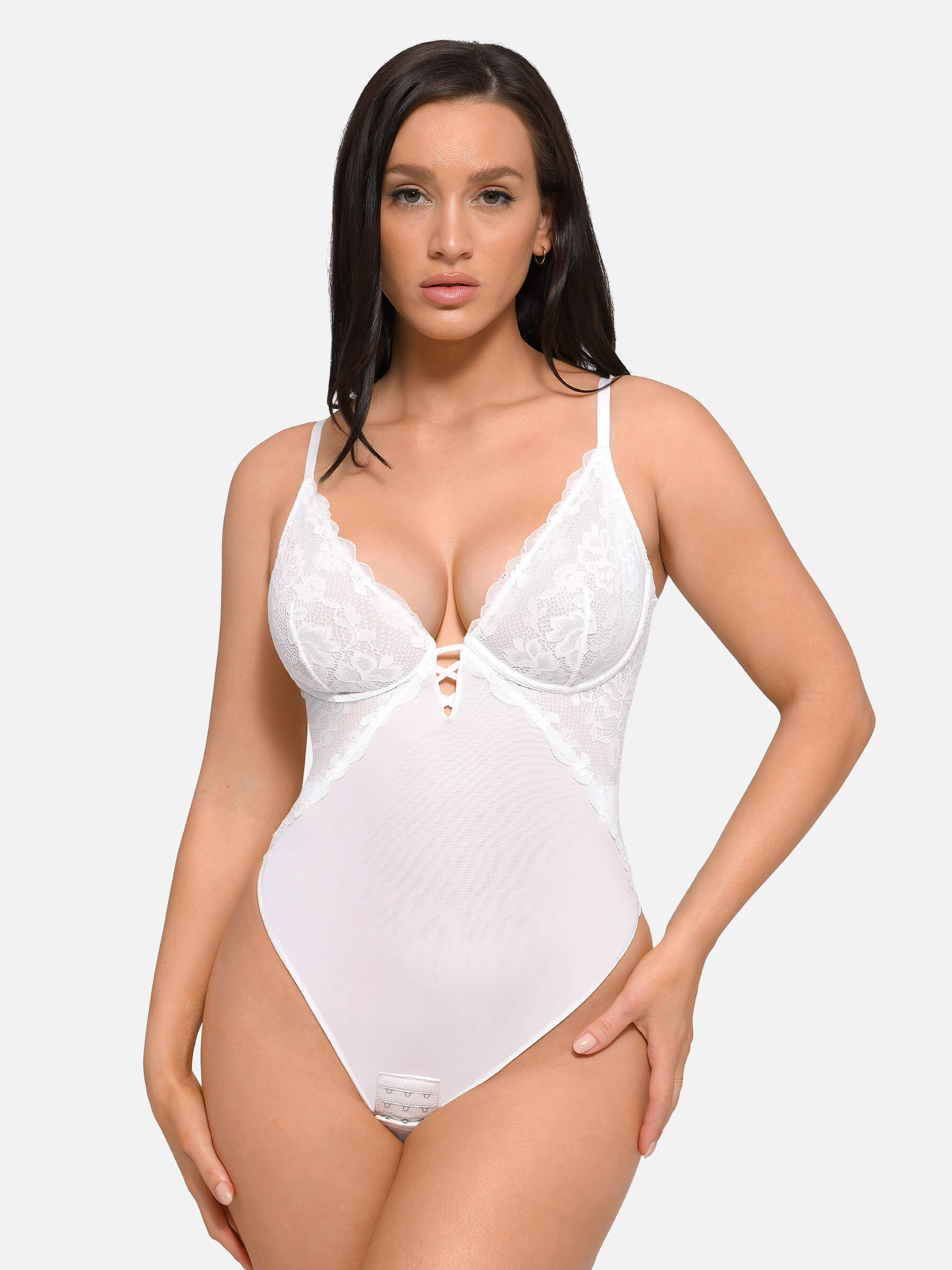 Shapevive V Neck Elegant Lace Sculpting Thongs Bodysuit