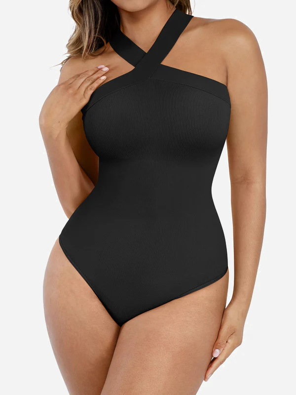 Shapevive Seamless Crossover Halter Thong Bodysuit Shapewear for Everyday Wear
