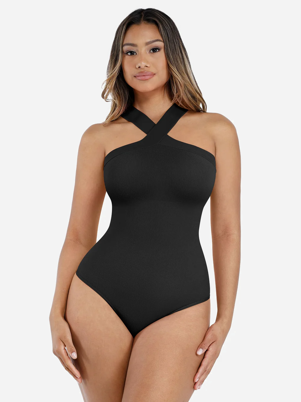 Shapevive Seamless Crossover Halter Thong Bodysuit Shapewear for Everyday Wear