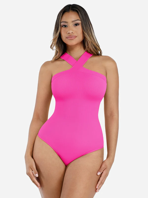 Shapevive Seamless Crossover Halter Thong Bodysuit Shapewear for Everyday Wear